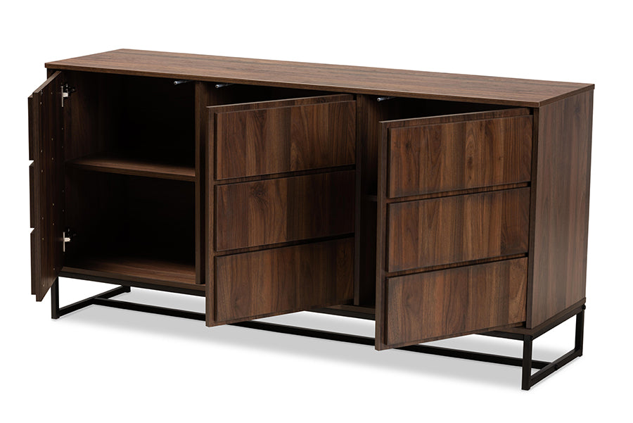 baxton studio neil modern and contemporary walnut brown finished wood and black finished metal 3 door dining room sideboard buffet | Modish Furniture Store-3