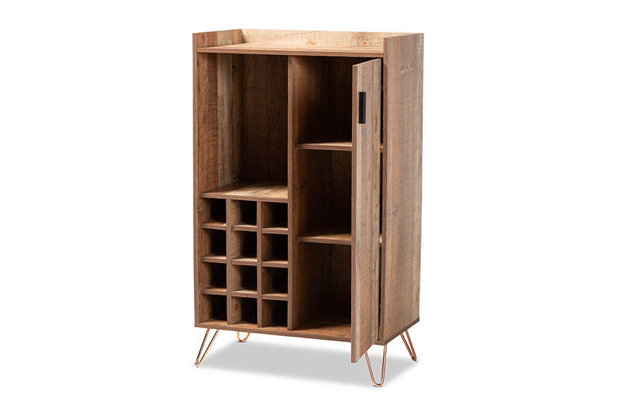 baxton studio mathis modern and contemporary rustic brown finished wood and rose gold finished metal wine storage cabinet | Modish Furniture Store-3