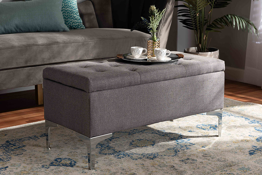 Baxton Studio Mabel Modern and Contemporary Transitional Grey Fabric Upholstered and Silver Finished Metal Storage Ottoman | Modishstore | Ottomans