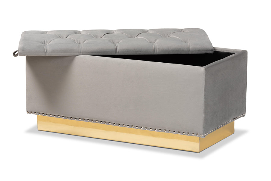 baxton studio powell glam and luxe grey velvet fabric upholstered and gold pu leather storage ottoman | Modish Furniture Store-3