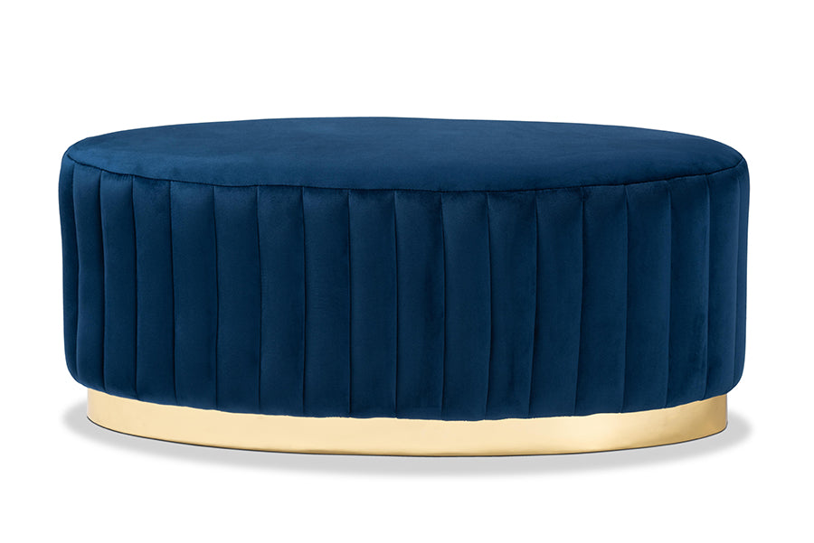 baxton studio kirana glam and luxe navy blue velvet fabric upholstered and gold pu leather ottoman | Modish Furniture Store-3