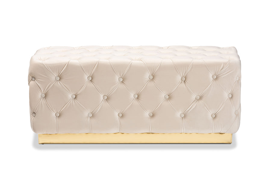 Baxton Studio Corrine Glam and Luxe Beige Velvet Fabric Upholstered and Gold PU Leather Ottoman | Ottomans | Modishstore - 6