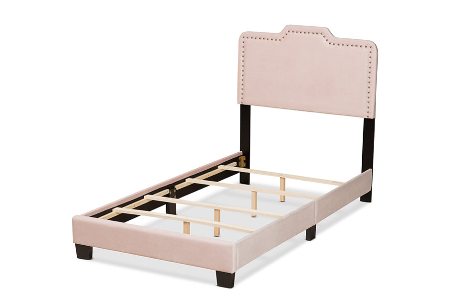 Baxton Studio Benjen Modern and Contemporary Glam Light Pink Velvet Fabric Upholstered Twin Size Panel Bed | Beds | Modishstore - 6