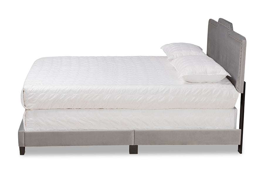 Baxton Studio Benjen Modern and Contemporary Glam Grey Velvet Fabric Upholstered Queen Size Panel Bed | Beds | Modishstore - 6