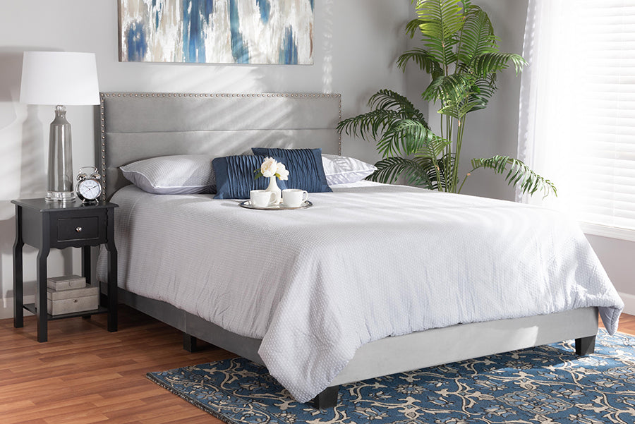 baxton studio tamira modern and contemporary glam grey velvet fabric upholstered full size panel bed | Modish Furniture Store-3