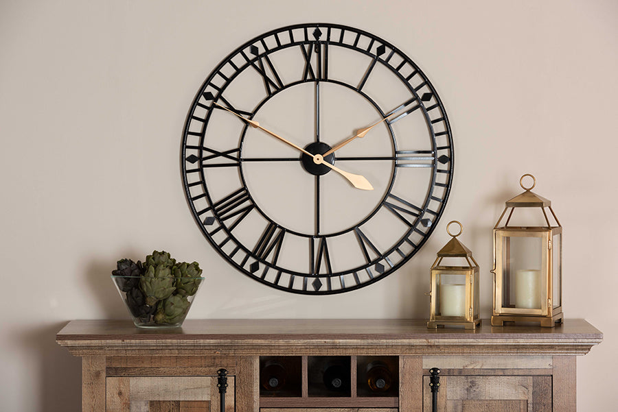Baxton Studio Janette Classic Contemporary Black and Gold Finished Metal Wall Clock | Modishstore | Clocks