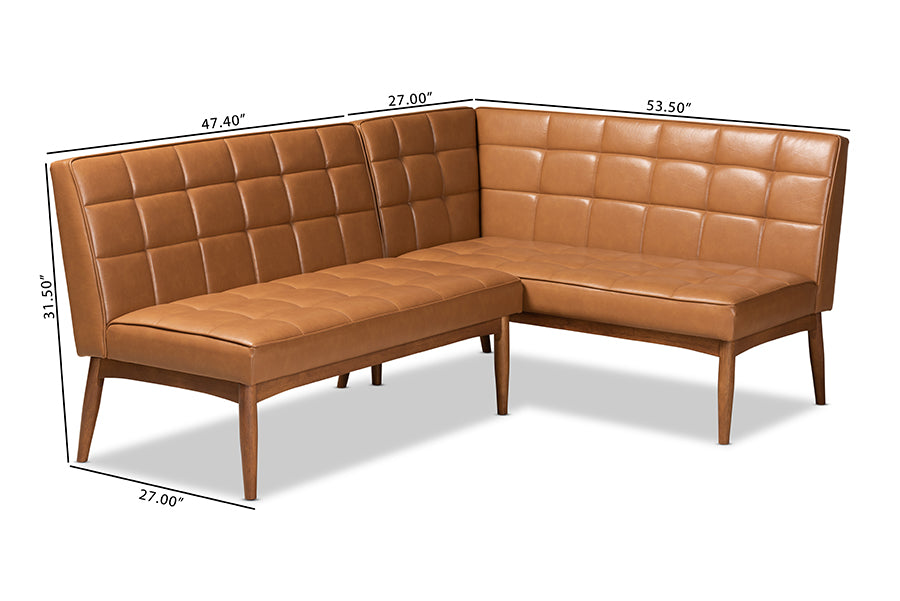Baxton Studio Sanford Mid-Century Modern Tan Faux Leather Upholstered and Walnut Brown Finished Wood 2-Piece Dining Nook Banquette Set | Dining Sets | Modishstore - 7