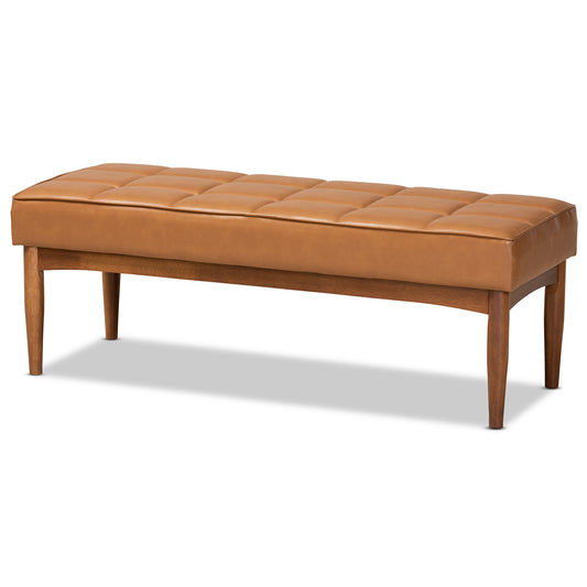 Baxton Studio Sanford Mid-Century Modern Tan Faux Leather Upholstered and Walnut Brown Finished Wood Dining Bench | Dining Sets | Modishstore