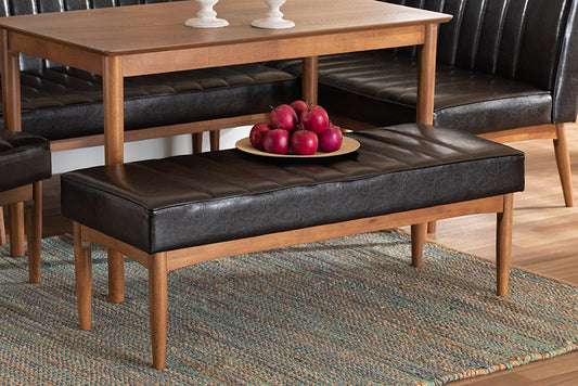 Baxton Studio Daymond Mid-Century Modern Dark Brown Faux Leather Upholstered and Walnut Brown Finished Wood Dining Bench | Modishstore | Stools & Benches