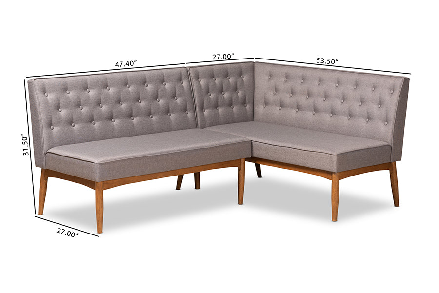 Baxton Studio Riordan Mid-Century Modern Grey Fabric Upholstered and Walnut Brown Finished Wood 2-Piece Dining Nook Banquette Set | Dining Sets | Modishstore - 7