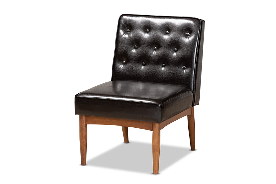Baxton Studio Riordan Mid-Century Modern Dark Brown Faux Leather Upholstered and Walnut Brown Finished Wood Dining Chair | Modishstore | Dining Chairs - 4