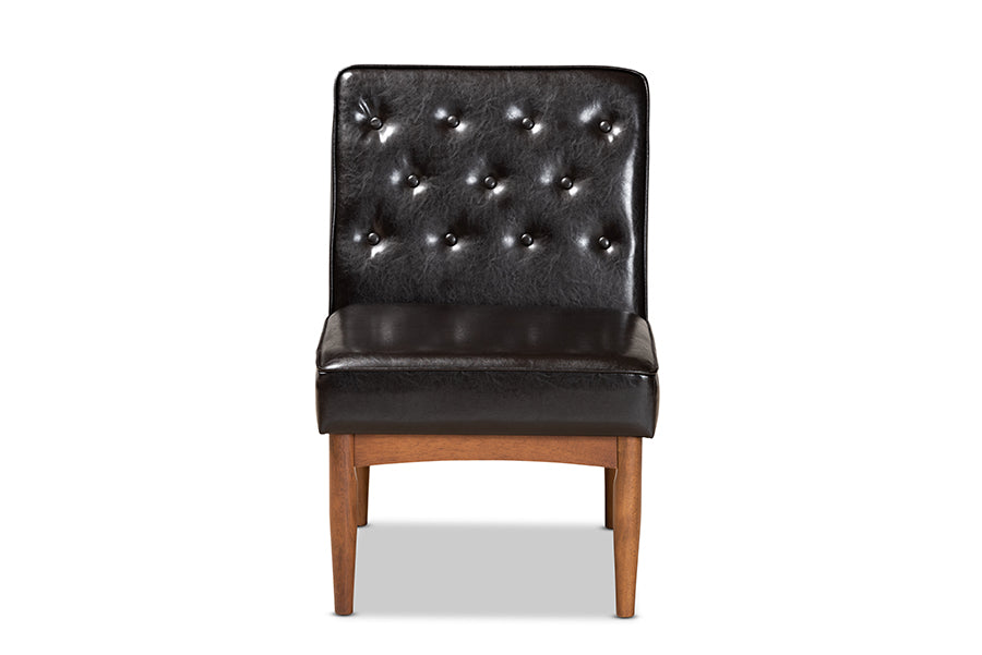 Baxton Studio Riordan Mid-Century Modern Dark Brown Faux Leather Upholstered and Walnut Brown Finished Wood Dining Chair | Modishstore | Dining Chairs - 3