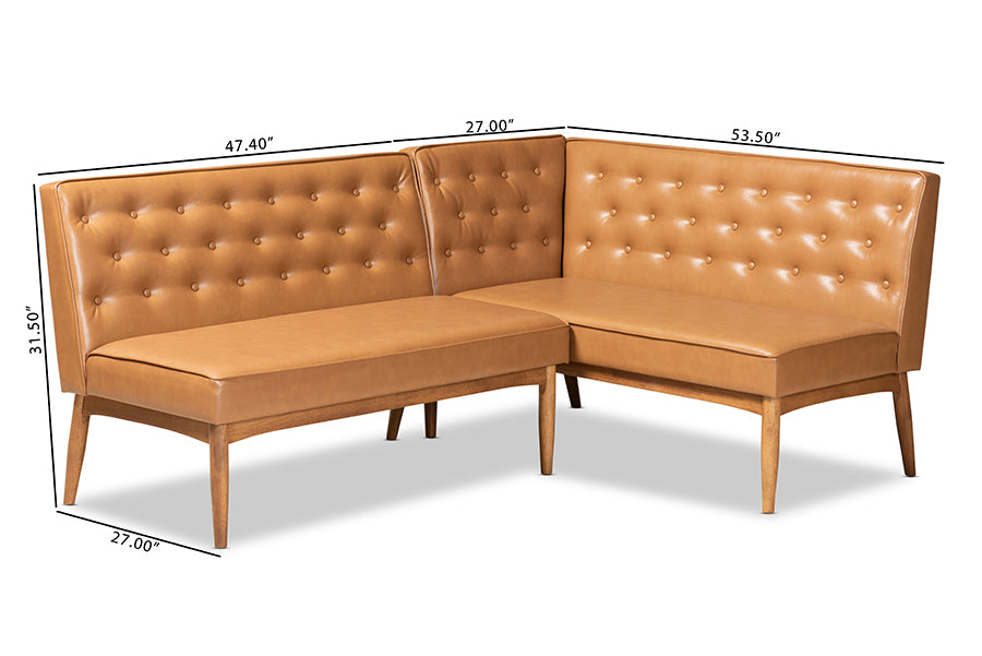 Baxton Studio Riordan Mid-Century Modern Tan Faux Leather Upholstered and Walnut Brown Finished Wood 2-Piece Dining Nook Banquette Set | Dining Sets | Modishstore - 7