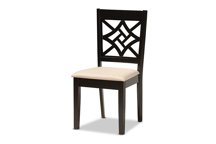 baxton studio nicolette modern and contemporary sand fabric upholstered and dark brown finished wood 5 piece dining set | Modish Furniture Store-3