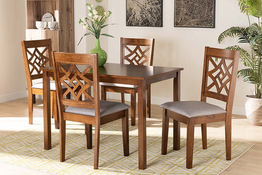 Baxton Studio Nicolette Modern and Contemporary Grey Fabric Upholstered and Walnut Brown Finished Wood 5-Piece Dining Set | Modishstore | Dining Sets