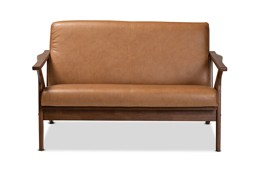Baxton Studio Bianca Mid-Century Modern Walnut Brown Finished Wood and Tan Faux Leather Effect Loveseat | Loveseats | Modishstore - 8