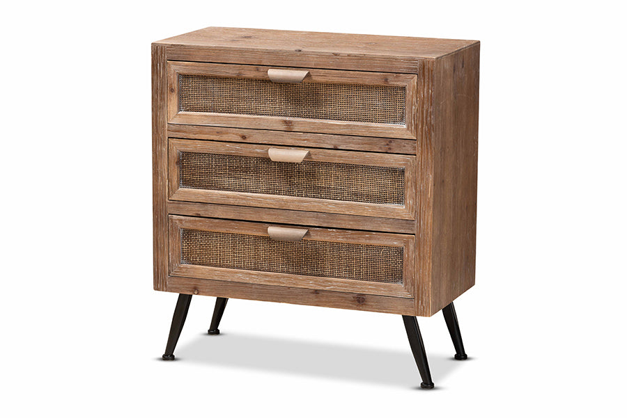 baxton studio calida mid century modern whitewashed natural brown finished wood and rattan 3 drawer storage cabinet | Modish Furniture Store-2