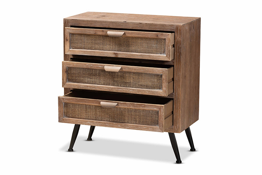 baxton studio calida mid century modern whitewashed natural brown finished wood and rattan 3 drawer storage cabinet | Modish Furniture Store-3