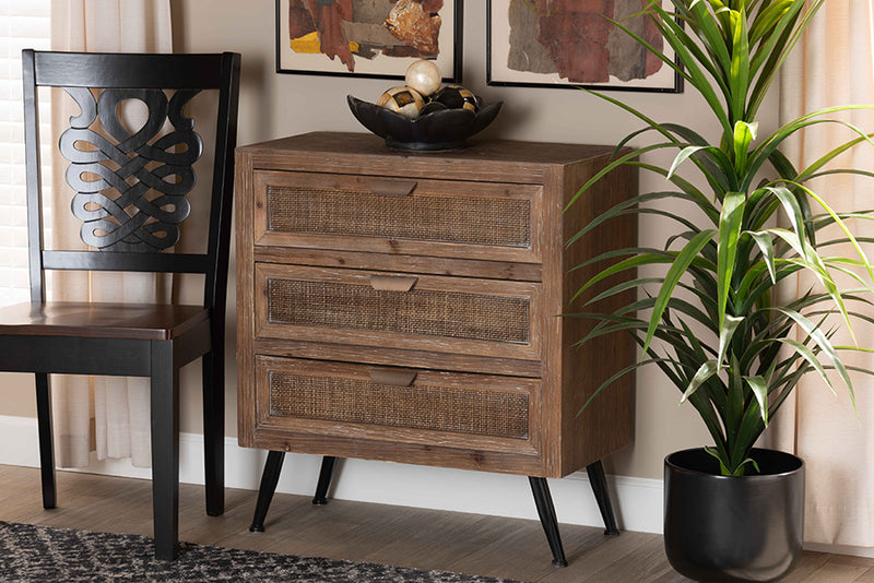 Baxton Studio Calida Mid-Century Modern Whitewashed Natural Brown Finished Wood and Rattan 3-Drawer Storage Cabinet | Modishstore | Cabinets