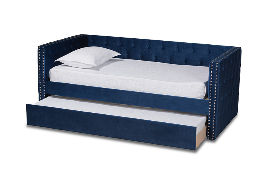 baxton studio larkin modern and contemporary navy blue velvet fabric upholstered twin size daybed with trundle | Modish Furniture Store-3