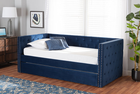 Baxton Studio Larkin Modern and Contemporary Navy Blue Velvet Fabric Upholstered Twin Size Daybed with Trundle | Modishstore | Beds