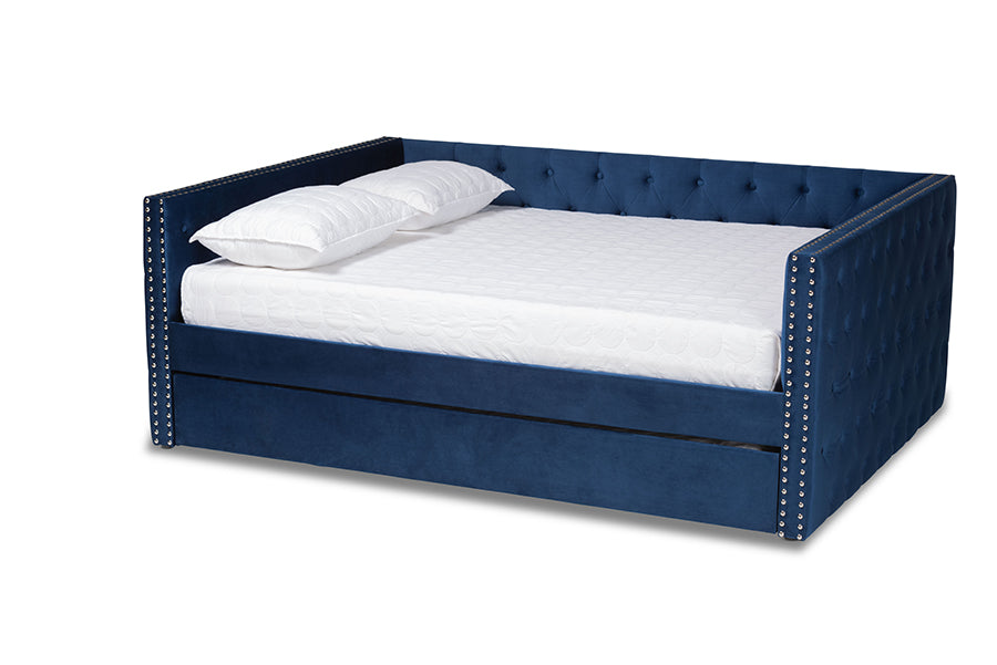 baxton studio larkin modern and contemporary navy blue velvet fabric upholstered full size daybed with trundle | Modish Furniture Store-2