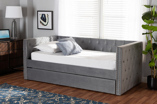 Baxton Studio Larkin Modern and Contemporary Grey Velvet Fabric Upholstered Twin Size Daybed with Trundle | Modishstore | Beds