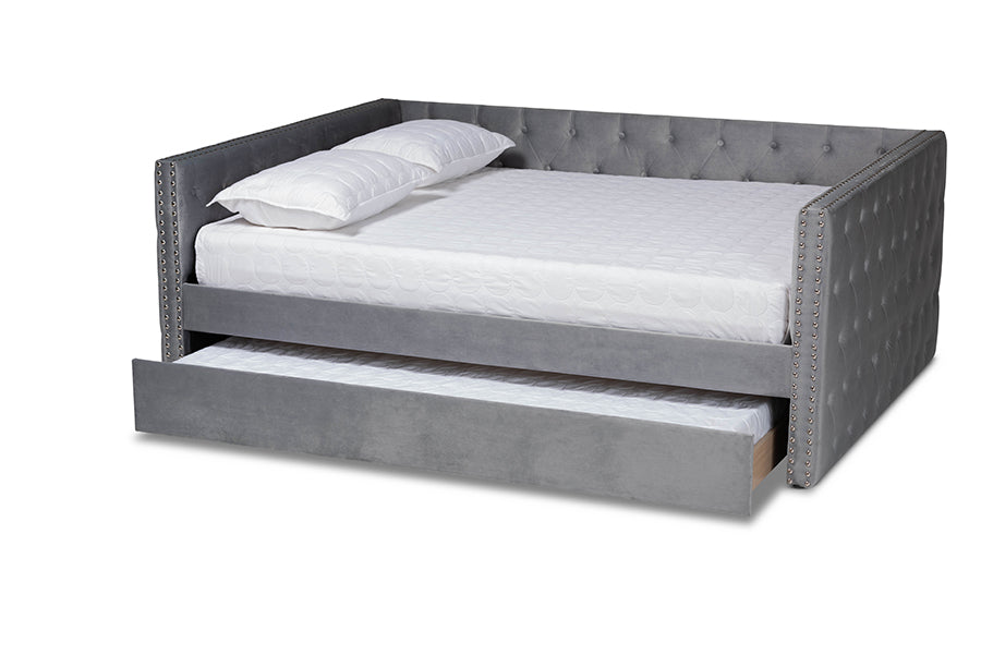 baxton studio larkin modern and contemporary grey velvet fabric upholstered queen size daybed with trundle | Modish Furniture Store-3