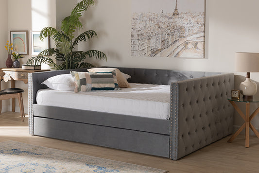 Baxton Studio Larkin Modern and Contemporary Grey Velvet Fabric Upholstered Full Size Daybed with Trundle | Daybeds | Modishstore