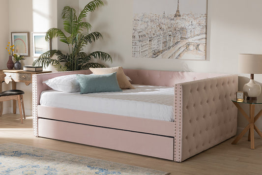 Baxton Studio Larkin Modern and Contemporary Pink Velvet Fabric Upholstered Queen Size Daybed with Trundle | Daybeds | Modishstore