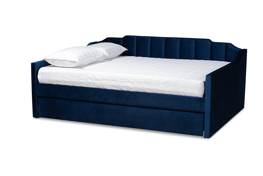 baxton studio lennon modern and contemporary navy blue velvet fabric upholstered queen size daybed with trundle | Modish Furniture Store-2