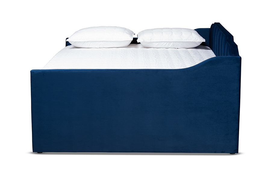 Baxton Studio Lennon Modern and Contemporary Navy Blue Velvet Fabric Upholstered Full Size Daybed with Trundle | Daybeds | Modishstore - 12
