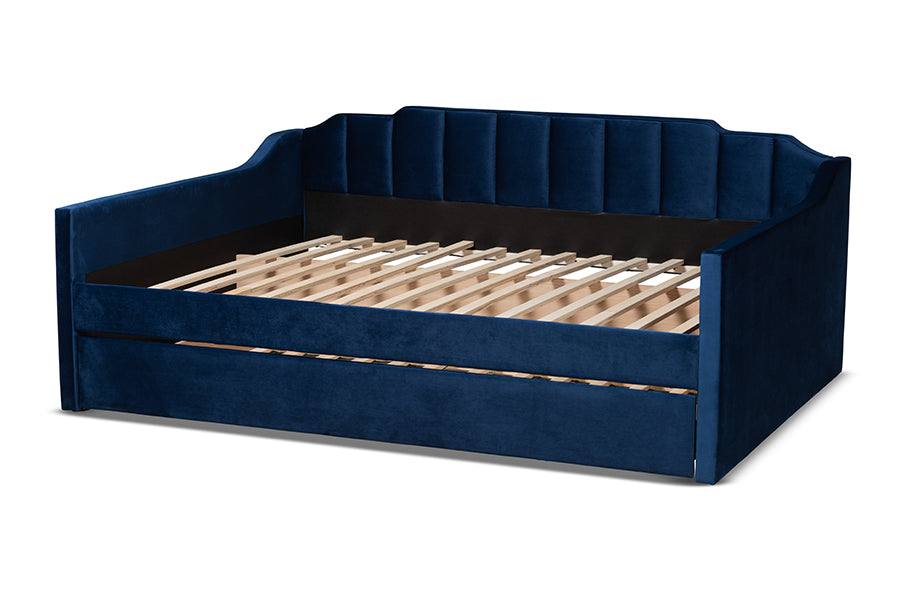 Baxton Studio Lennon Modern and Contemporary Navy Blue Velvet Fabric Upholstered Full Size Daybed with Trundle | Daybeds | Modishstore - 18