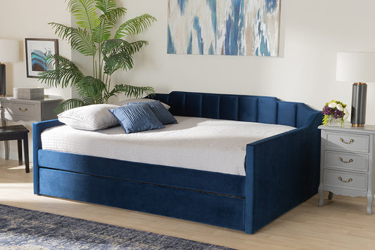 Baxton Studio Lennon Modern and Contemporary Navy Blue Velvet Fabric Upholstered Queen Size Daybed with Trundle | Modishstore | Beds