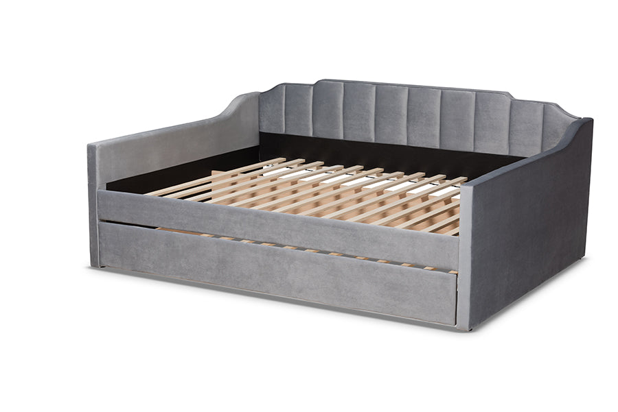 Baxton Studio Lennon Modern and Contemporary Grey Velvet Fabric Upholstered Full Size Daybed with Trundle | Daybeds | Modishstore - 10