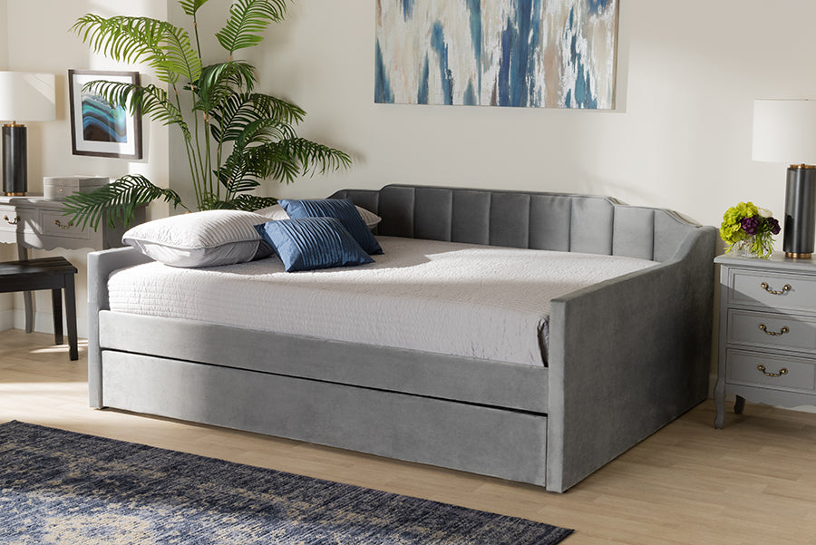 Baxton Studio Lennon Modern and Contemporary Grey Velvet Fabric Upholstered Full Size Daybed with Trundle | Daybeds | Modishstore - 3