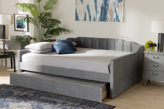 Baxton Studio Lennon Modern and Contemporary Grey Velvet Fabric Upholstered Full Size Daybed with Trundle | Daybeds | Modishstore