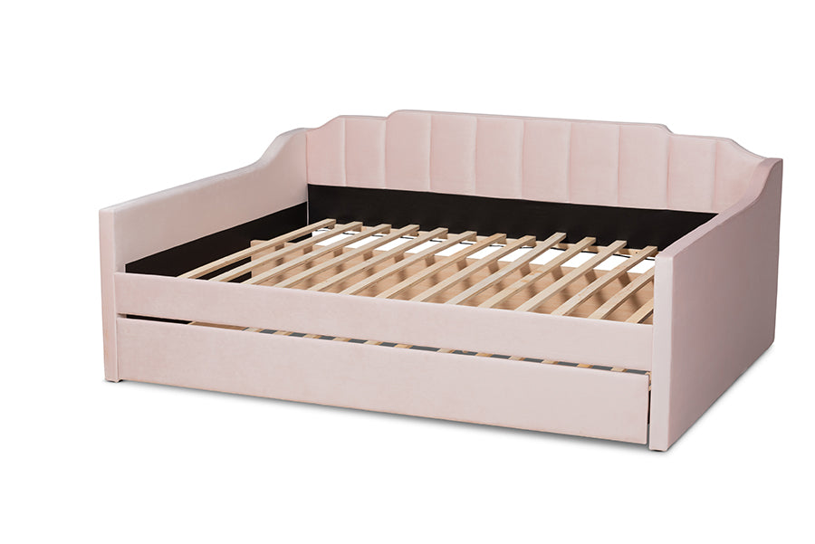 Baxton Studio Lennon Modern and Contemporary Pink Velvet Fabric Upholstered Full Size Daybed with Trundle | Daybeds | Modishstore - 10