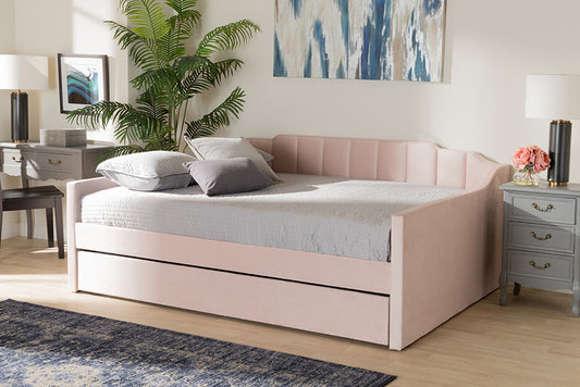 Baxton Studio Lennon Modern and Contemporary Pink Velvet Fabric Upholstered Queen Size Daybed with Trundle | Modishstore | Beds