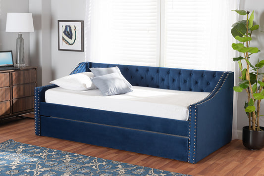 Baxton Studio Raphael Modern and Contemporary Navy Blue Velvet Fabric Upholstered Twin Size Daybed with Trundle | Modishstore | Beds