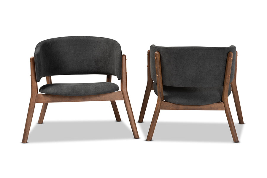 baxton studio baron mid century modern dark grey fabric upholstered and walnut brown finished wood 2 piece living room accent chair set | Modish Furniture Store-3