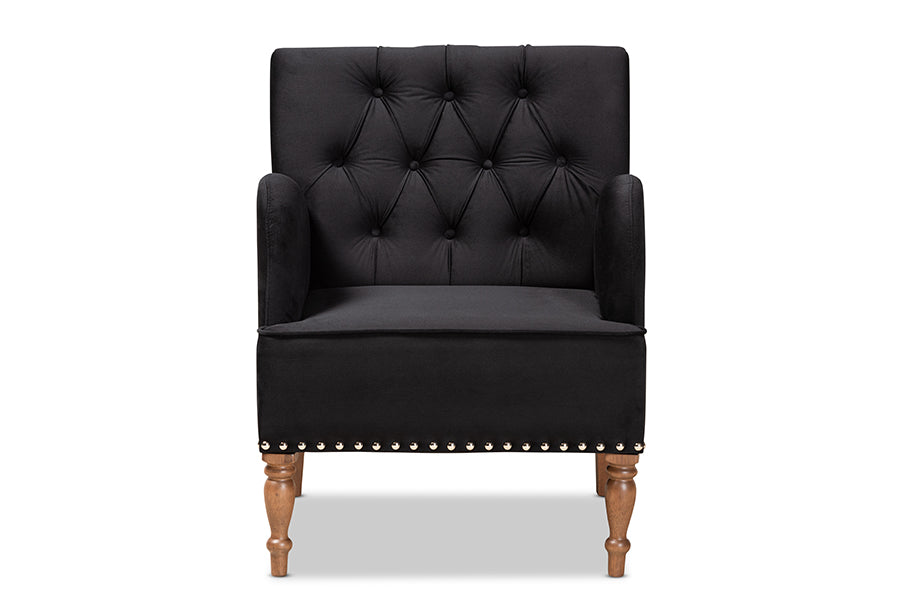 baxton studio eri contemporary glam and luxe black velvet upholstered and walnut brown finished wood armchair | Modish Furniture Store-3