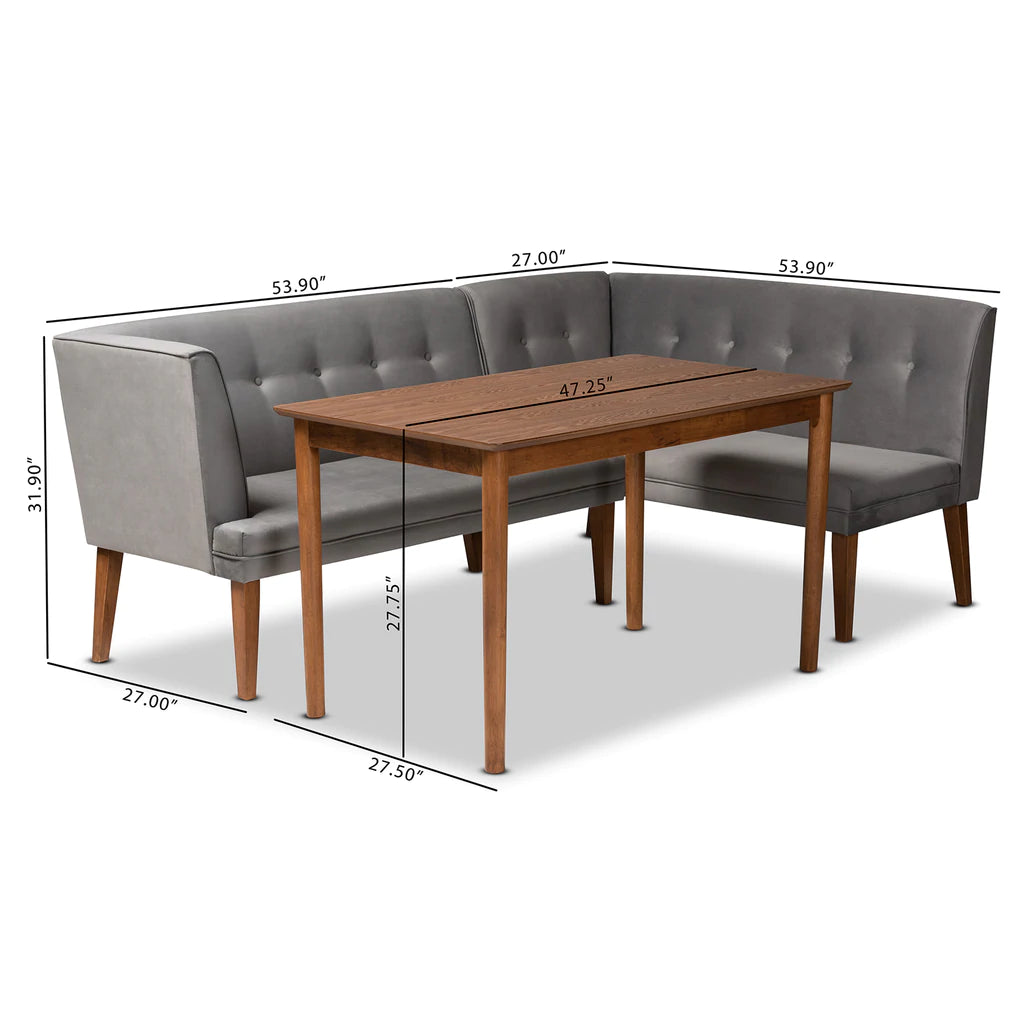 Baxton Studio Stewart Mid-Century Modern Grey Velvet Upholstered And Walnut Brown Finished Wood 3-Piece Dining Nook Set | Dining Sets | Modishstore - 6