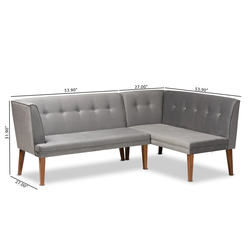 Baxton Studio Stewart Mid-Century Modern Grey Velvet Upholstered And Walnut Brown Finished Wood 2-Piece Dining Nook Banquette Set | Dining Sets | Modishstore - 5