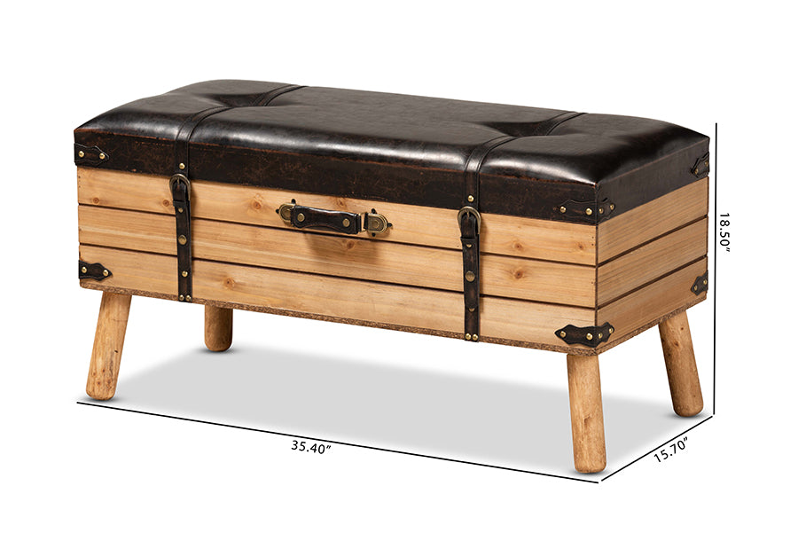 Baxton Studio Amena Rustic Transitional Dark Brown PU Leather Upholstered and Oak Finished Wood Large Storage Ottoman | Ottomans | Modishstore - 9