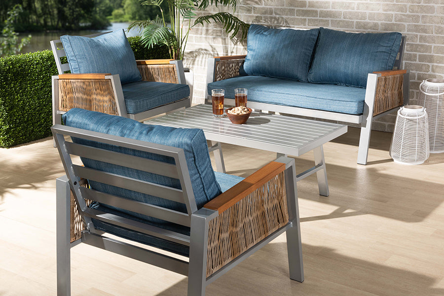 baxton studio nicholson modern and contemporary blue fabric upholstered and grey finished metal with brown finished pe rattan 4 piece outdoor patio lounge set | Modish Furniture Store-2