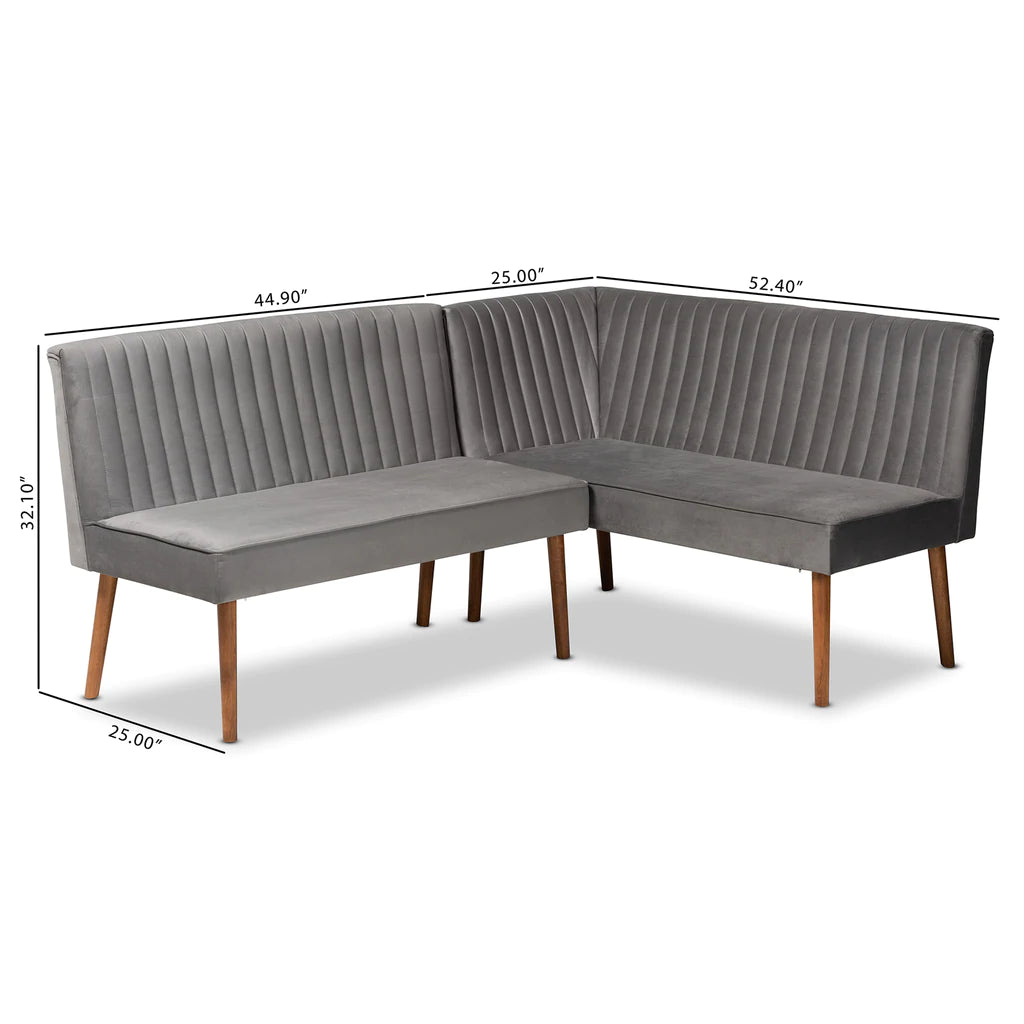 Baxton Studio Alvis Mid-Century Modern Grey Velvet Upholstered And Walnut Brown Finished Wood 2-Piece Dining Nook Banquette Set | Sofas | Modishstore - 6