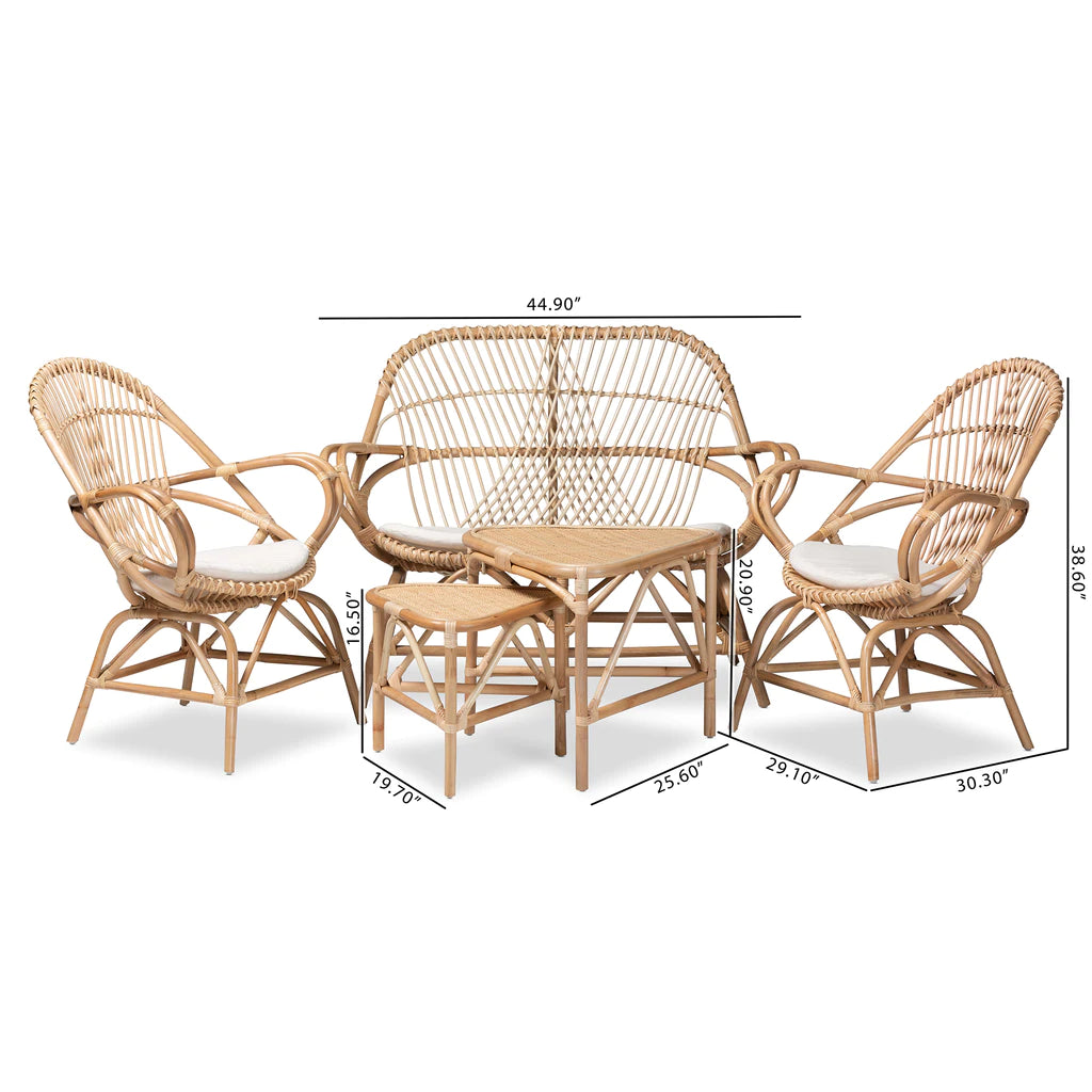Baxton Studio Jayden Modern Bohemian White Fabric Upholstered and Natural Brown Finished Rattan 5-Piece Living Room Set | Sofas | Modishstore - 7