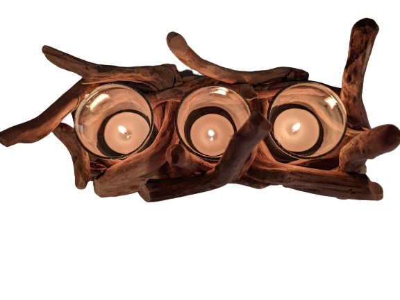 Driftwood Tealight 3 Candle Tray Centerpiece with 3 Glass Containers by Artisan Living | Candle Holders | Modishstore-5