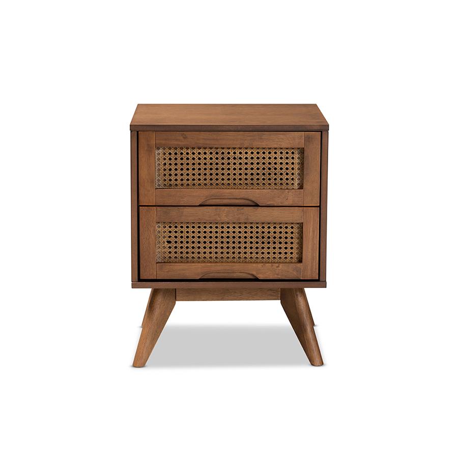 Baxton Studio Barrett Mid-Century Modern Walnut Brown Finished Wood and Synthetic Rattan 2-Drawer Nightstand | Nightstands | Modishstore - 4